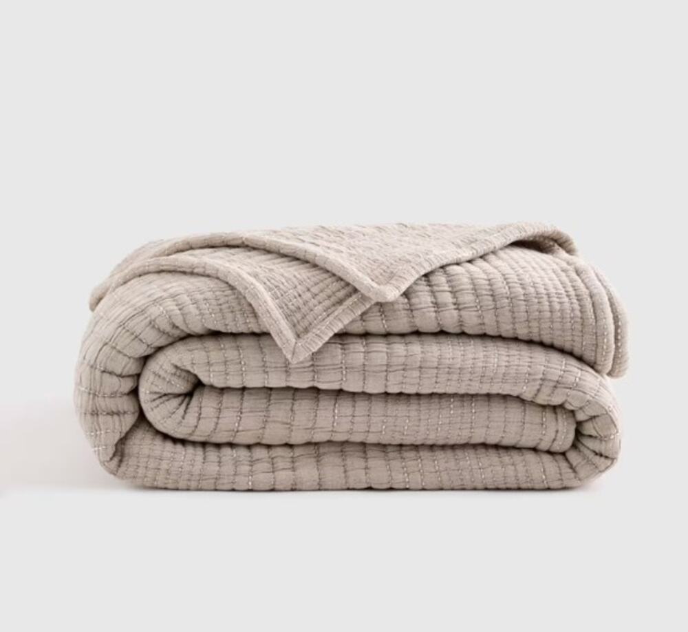 Quince Channel Stitch Coverlet Full Queen  Organic Cotton Taupe Brown NEW